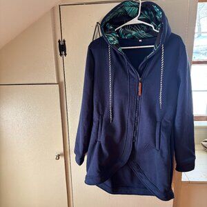 Wilfred Smith Blue Woman's Jacket Size L With Plant Leaves on Hood Brand New